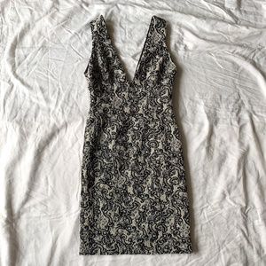 Alice + Olivia Black and Ivory Plunging Jacquard Dress
